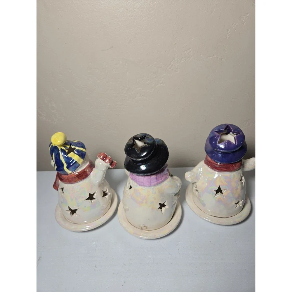 Vintage Ceramic Snowman Tealight Candle Holder Lot of 3 Christmas Holiday Decor